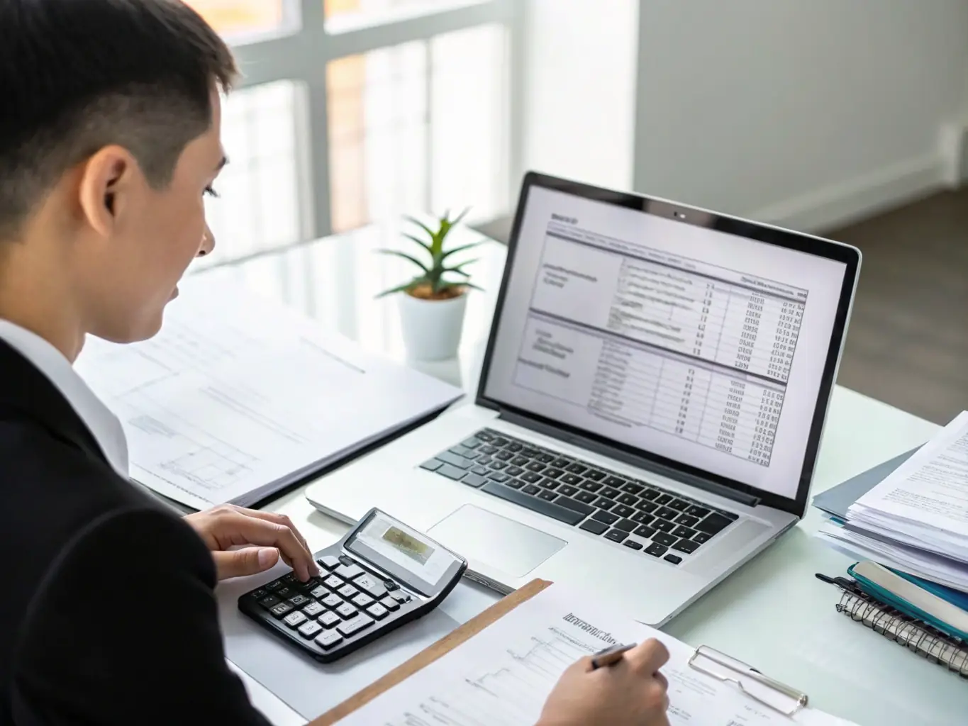 An image depicting a person reviewing a detailed financial report with a calculator and pen in hand, set in a modern office environment, symbolizing thorough financial analysis.