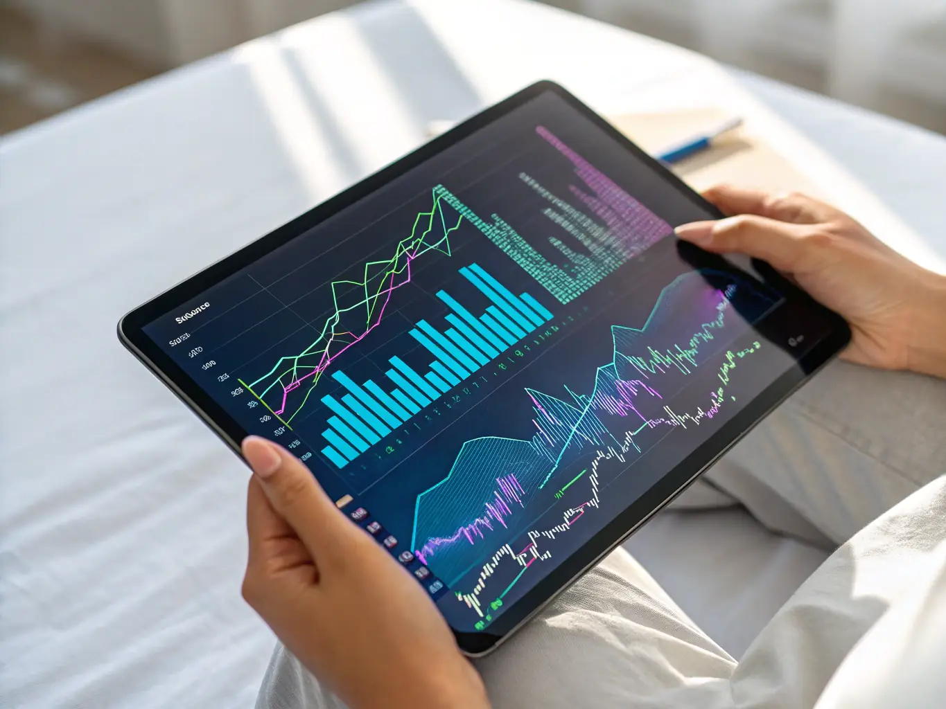 A hand interacting with a tablet displaying a graph of financial data, with a pen resting on the side. The background is blurred, suggesting a dynamic and modern work environment.