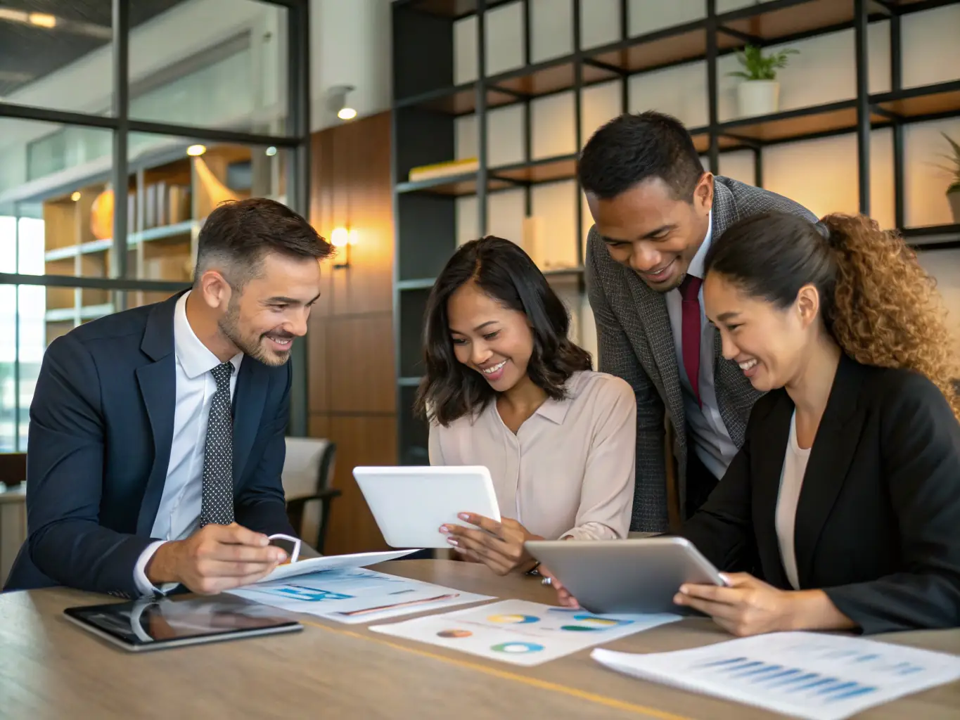 A group of professionals collaborating in a modern office space, discussing financial strategies and reviewing data on a large screen. The atmosphere is collaborative and forward-thinking.