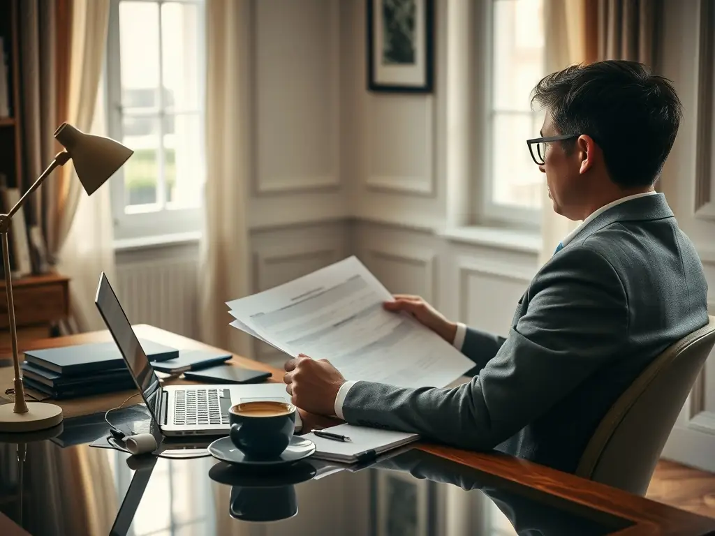 A person sitting at a desk, reviewing financial reports on a laptop, with a cup of coffee nearby. The scene is well-lit and professional, conveying a sense of focus and efficiency in managing finances.